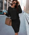 Kadın Uzun Kollu Iki Yanı Açık Yaka Detaylı Bluz Ve Etek şardonlu Kaşkorse Ikili Takım