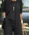 Kadın Uzun Kollu Ithal Krep Onu Açık Ceket Askılı Yuvarlak Yaka Bluz Ve Cepli Pantolon üçlü Takım