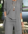Kadın Uzun Kollu Ithal Krep Onu Açık Ceket Askılı Yuvarlak Yaka Bluz Ve Cepli Pantolon üçlü Takım