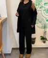 Kadın Uzun Kollu Ithal Krep Onu Açık Ceket Askılı Yuvarlak Yaka Bluz Ve Cepli Pantolon üçlü Takım