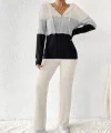 Kadın Uzun Kollu Kapşonlu Bağcıklı Blok Renkli şardonlu Kaşkorse Bluz Ve Pantolon Ikili Takım