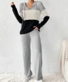 Kadın Uzun Kollu Kapşonlu Bağcıklı Blok Renkli şardonlu Kaşkorse Bluz Ve Pantolon Ikili Takım