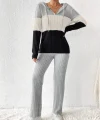 Kadın Uzun Kollu Kapşonlu Bağcıklı Blok Renkli şardonlu Kaşkorse Bluz Ve Pantolon Ikili Takım