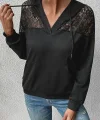 Kadın Uzun Kollu Kapşonlu Bağcıklı Dantelli Viskon Iki Iplik Bluz
