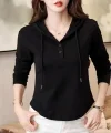 Kadın Uzun Kollu Kapşonlu Bağcıklı Düğmeli Viskon Iki Iplik Bluz