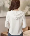 Kadın Uzun Kollu Kapşonlu Bağcıklı Düğmeli Viskon Iki Iplik Bluz