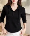 Kadın Uzun Kollu Kapşonlu Bağcıklı Düğmeli Viskon Iki Iplik Bluz