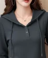Kadın Uzun Kollu Kapşonlu Bağcıklı Düğmeli Viskon Iki Iplik Füme Bluz