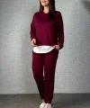 Kadın Uzun Kollu Kapşonlu Bağcıklı Viskon Iki Iplik Bluz Ve Pantolon Ikili Takım