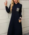Kadın Uzun Kollu Kapşonlu Cep Detaylı Viskon Iki Iplik Maxi Elbise