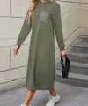 Kadın Uzun Kollu Kapşonlu Cep Detaylı Viskon Iki Iplik Maxi Elbise
