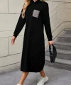 Kadın Uzun Kollu Kapşonlu Cep Detaylı Viskon Iki Iplik Maxi Elbise