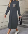 Kadın Uzun Kollu Kapşonlu Cep Detaylı Viskon Iki Iplik Maxi Elbise