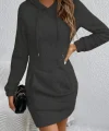 Kadın Uzun Kollu Kapşonlu Cepli Mini Peluş Elbise
