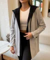 Kadın Uzun Kollu Kapşonlu çift Renkli şardonlu Iki Iplik Ceket