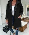 Kadın Uzun Kollu Kapşonlu Fermuar Detaylı Cepli Uzun üç Iplik Ceket
