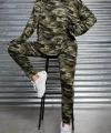 Kadın Uzun Kollu Kapşonlu Kamuflaj Desenli Bluz Ve Pantolon Tayt Ikili Takım
