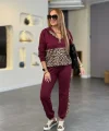 Kadın Uzun Kollu Kapşonlu Leopar Desen Detaylı Viskon Iki Iplik Bluz Ve Pantolon Ikili Takım