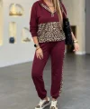 Kadın Uzun Kollu Kapşonlu Leopar Desen Detaylı Viskon Iki Iplik Bluz Ve Pantolon Ikili Takım