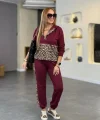Kadın Uzun Kollu Kapşonlu Leopar Desen Detaylı Viskon Iki Iplik Bluz Ve Pantolon Ikili Takım