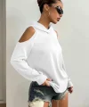 Kadın Uzun Kollu Kapşonlu Omuzlardan Açık Viskon Iki Iplik Bluz