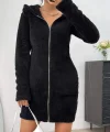 Kadın Uzun Kollu Kapşonlu önden Fermuarlı Cep Detaylı Kısa Peluş Elbise