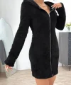 Kadın Uzun Kollu Kapşonlu önden Fermuarlı Cep Detaylı Kısa Peluş Elbise