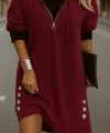 Kadın Uzun Kollu Kapşonlu önden Fermuarlı Düğmeli Mini Iki Iplik Elbise