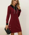 Kadın Uzun Kollu Kapşonlu önden Fermuarlı Düğmeli Mini Iki Iplik Elbise