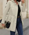 Kadın Uzun Kollu Kapşonlu önden Fermuarlı Düğmeli Ve Cep Detay Bondit Ceket