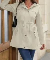 Kadın Uzun Kollu Kapşonlu önden Fermuarlı Düğmeli Ve Cep Detay Bondit Ceket