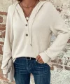 Kadın Uzun Kollu Kapşonlu önü Düğmeli Ve Bağcıklı Waffle Bluz