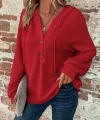 Kadın Uzun Kollu Kapşonlu önü Düğmeli Ve Bağcıklı Waffle Bluz