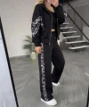 Kadın Uzun Kollu Kapşonlu önü Fermuarlı Leopar Desenli Modal Bluz Ve Pantolon Ikili Takım
