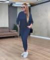 Kadın Uzun Kollu Kapşonlu Viskon Iki Iplik Bluz Ve Pantolon Ikili Takım