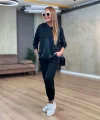 Kadın Uzun Kollu Kapşonlu Viskon Iki Iplik Bluz Ve Pantolon Ikili Takım