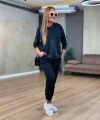 Kadın Uzun Kollu Kapşonlu Viskon Iki Iplik Bluz Ve Pantolon Ikili Takım