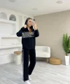 Kadın Uzun Kollu Kapüşon Ve Pul Payet Detay Ceket Ve Pantolon Ikili Takım
