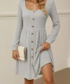 Kadın Uzun Kollu Kare Yaka Düğmeli Kısa şardonlu Iki Iplik Mini Elbise