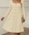 Kadın Uzun Kollu Kare Yaka Düğmeli Kısa şardonlu Iki Iplik Mini Elbise