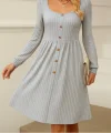Kadın Uzun Kollu Kare Yaka Düğmeli Kısa şardonlu Iki Iplik Mini Elbise