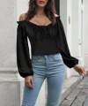 Kadın Uzun Kollu Kare Yaka Göğüs Büzgü Detay Sandy Bluz