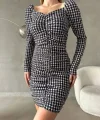 Kadın Uzun Kollu Kare Yaka Kazayağı Desen önü Büzgülü Mini Elbise