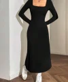 Kadın Uzun Kollu Kare Yaka Midi Kaşkorse Elbise