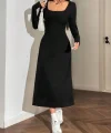 Kadın Uzun Kollu Kare Yaka Midi Kaşkorse Elbise