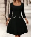Kadın Uzun Kollu Kare Yaka önden Cepli Kısa Ithal Krep Elbise