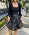 Kadın Uzun Kollu Kare Yaka üst Viskon Alt Deri Mini Elbise