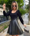 Kadın Uzun Kollu Kare Yaka üst Viskon Alt Deri Mini Elbise