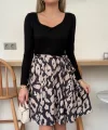 Kadın Uzun Kollu Kare Yaka Viskon Bluz Alt Süprem Baskılı Belden Kuşaklı Kısa Elbise