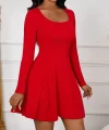 Kadın Uzun Kollu Kare Yakalı Mini Ithal Krep Elbise